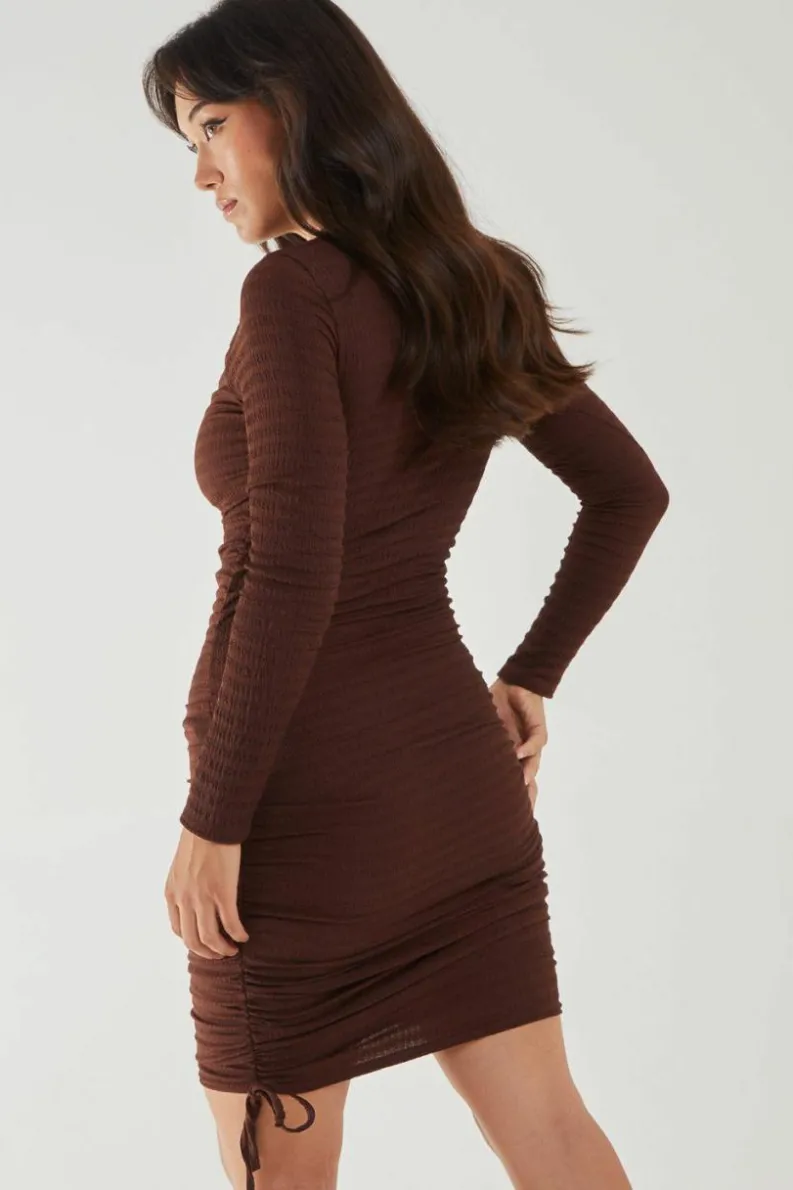 Midi Dresses*Pink Vanilla Long Sleeve Letterbox Textured Midi Dress Chocolate