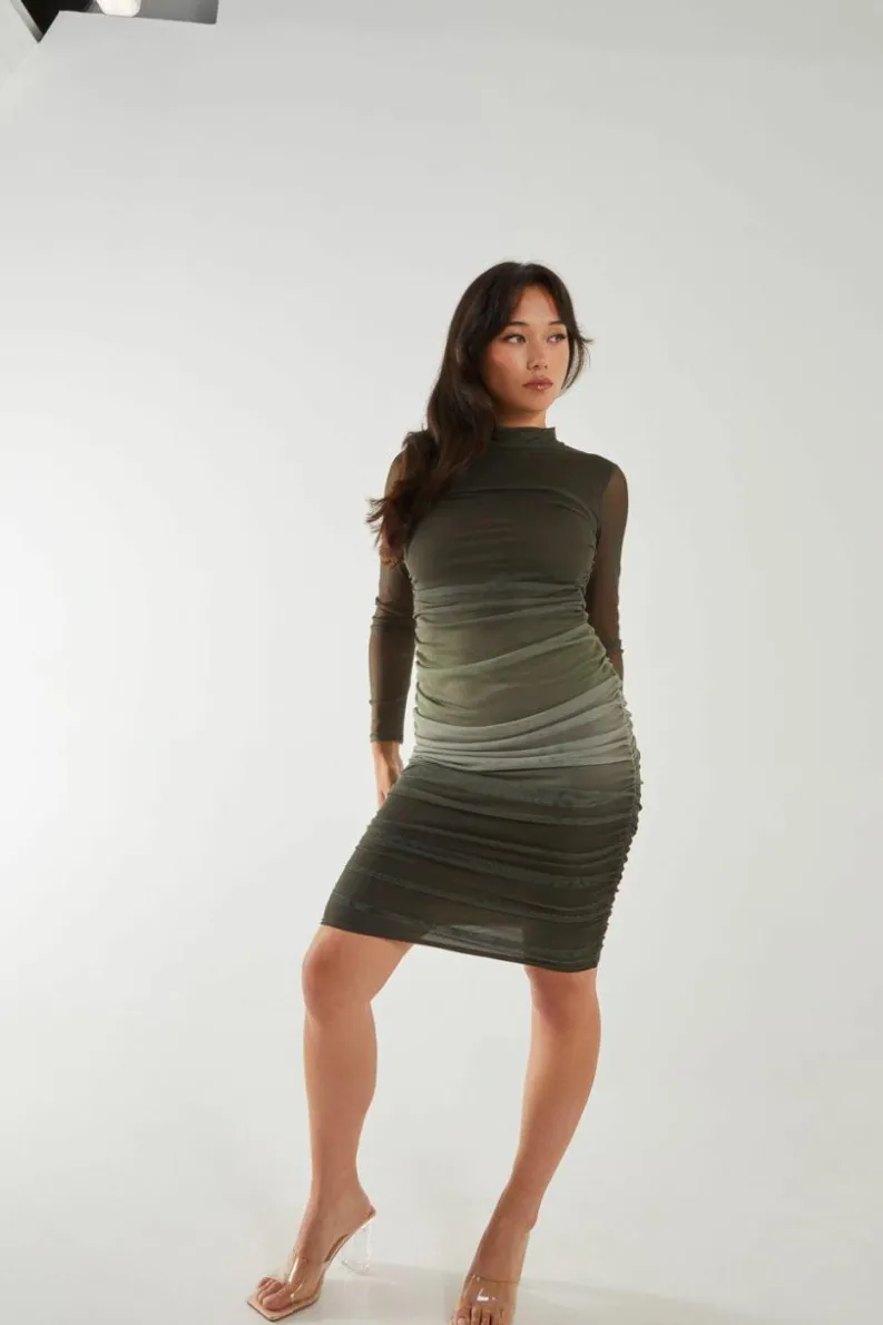 Midi Dresses*Pink Vanilla Long Sleeve Ombre Mesh Midi Dress Khaki