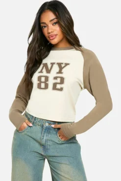 Long Sleeve Tops*boohoo Long Sleeve Printed Jersey Raglan Top stone