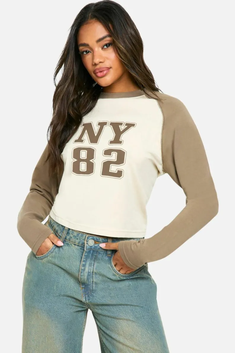Long Sleeve Tops*boohoo Long Sleeve Printed Jersey Raglan Top stone