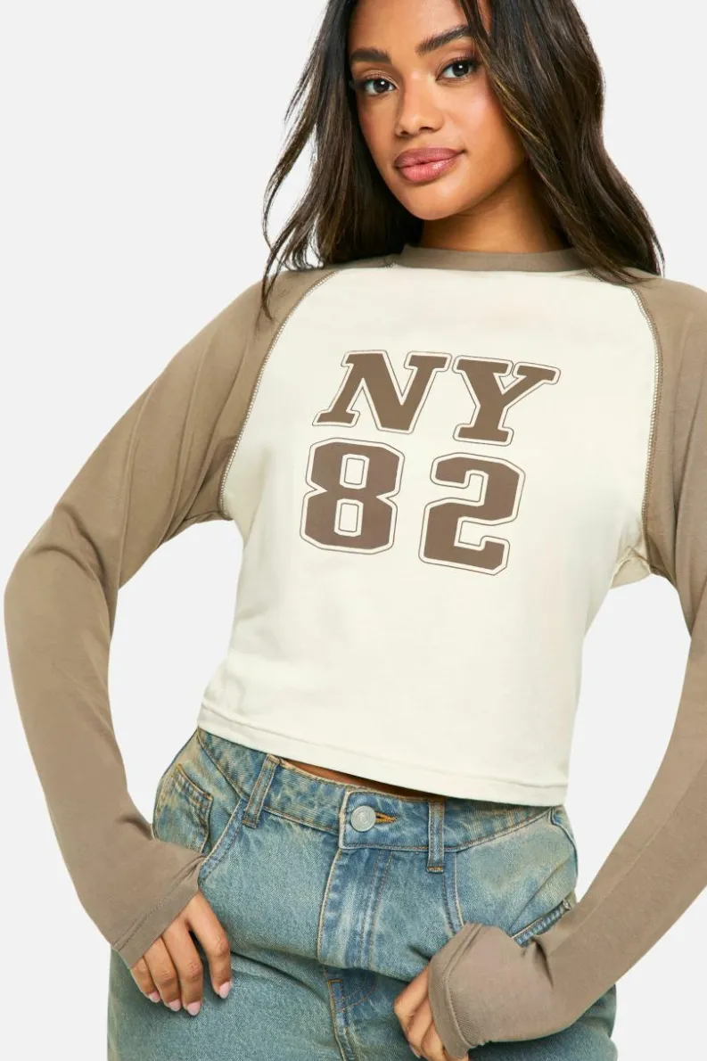 Long Sleeve Tops*boohoo Long Sleeve Printed Jersey Raglan Top stone