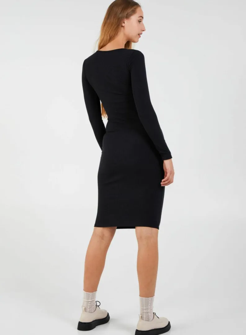 Midi Dresses*Pink Vanilla Long Sleeve Ribbed Midi Dress Black