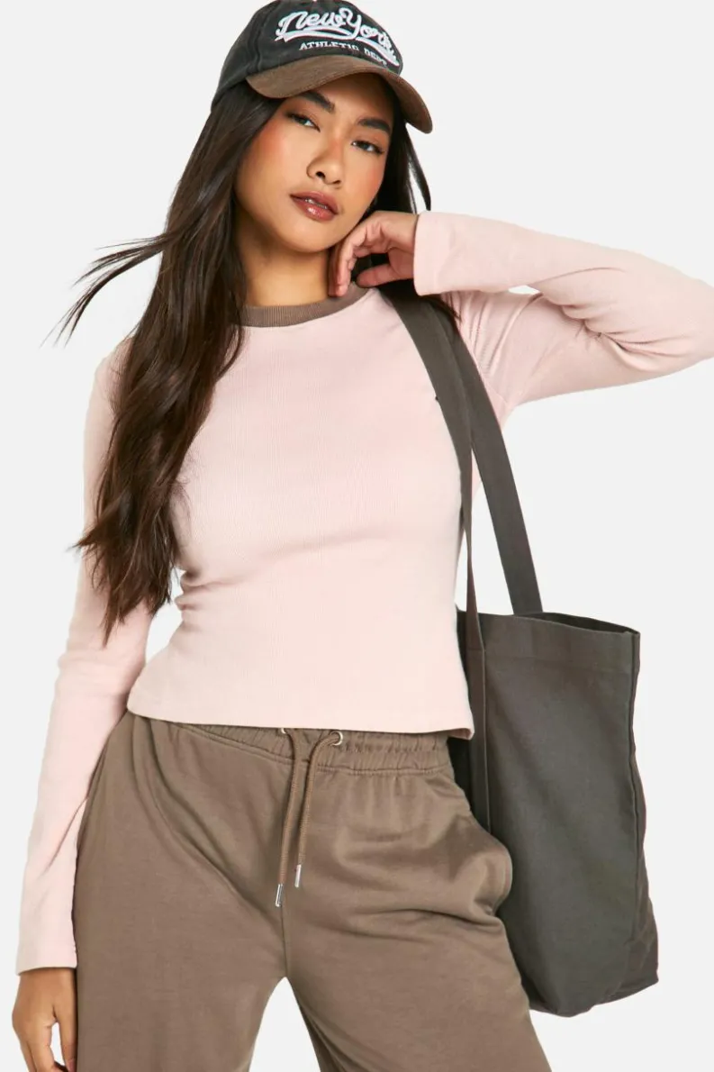 Long Sleeve Tops*boohoo Long Sleeve Ringer Neck Ribbed Top taupe