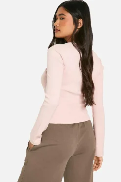 Long Sleeve Tops*boohoo Long Sleeve Ringer Neck Ribbed Top taupe