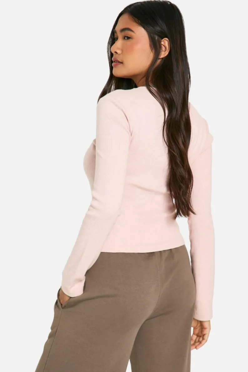 Long Sleeve Tops*boohoo Long Sleeve Ringer Neck Ribbed Top taupe