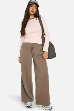 Long Sleeve Tops*boohoo Long Sleeve Ringer Neck Ribbed Top taupe