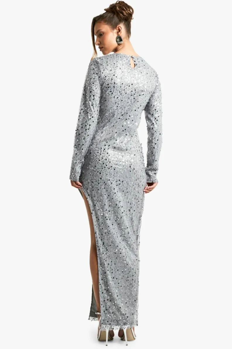 Maxi Dresses|Long Sleeve Dresses*boohoo Long Sleeve Sequin Split Leg Maxi Dress silver