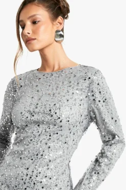 Maxi Dresses|Long Sleeve Dresses*boohoo Long Sleeve Sequin Split Leg Maxi Dress silver