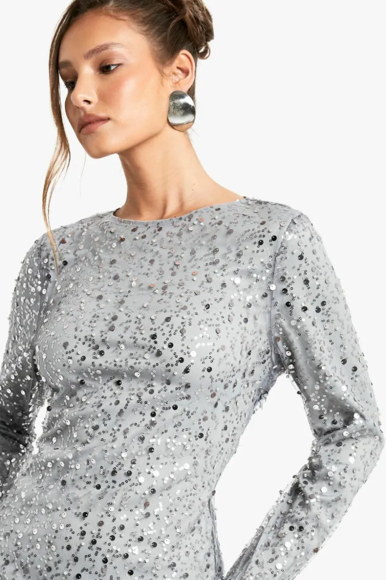 Maxi Dresses|Long Sleeve Dresses*boohoo Long Sleeve Sequin Split Leg Maxi Dress silver