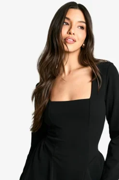 Skater Dresses|Mini Dresses*boohoo Long Sleeve Square Neck Full Skirt Mini Dress black