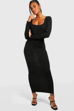 Bodycon Dresses|Midi Dresses*boohoo Long Sleeve Square Neck Midaxi Dress black