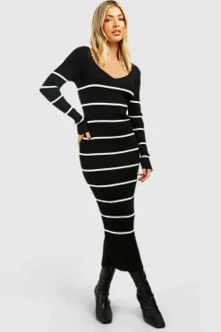 Midi Dresses|Jumper Dresses*boohoo Long Sleeve Stripe Midi Knit Dress black