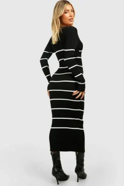 Midi Dresses|Jumper Dresses*boohoo Long Sleeve Stripe Midi Knit Dress black