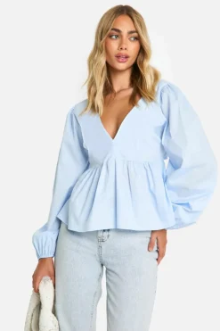 Long Sleeve Tops*boohoo Long Sleeve Tie Back Peplum Smock Top powder blue