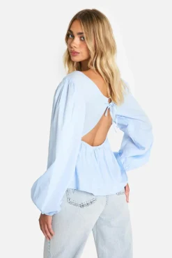 Long Sleeve Tops*boohoo Long Sleeve Tie Back Peplum Smock Top powder blue
