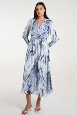 Wrap Dresses|Midi Dresses*Blue Vanilla Long Sleeved Watercolour Wrap Midi Dress Blue