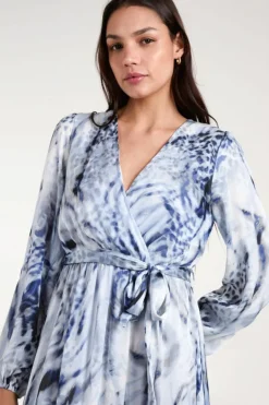 Wrap Dresses|Midi Dresses*Blue Vanilla Long Sleeved Watercolour Wrap Midi Dress Blue