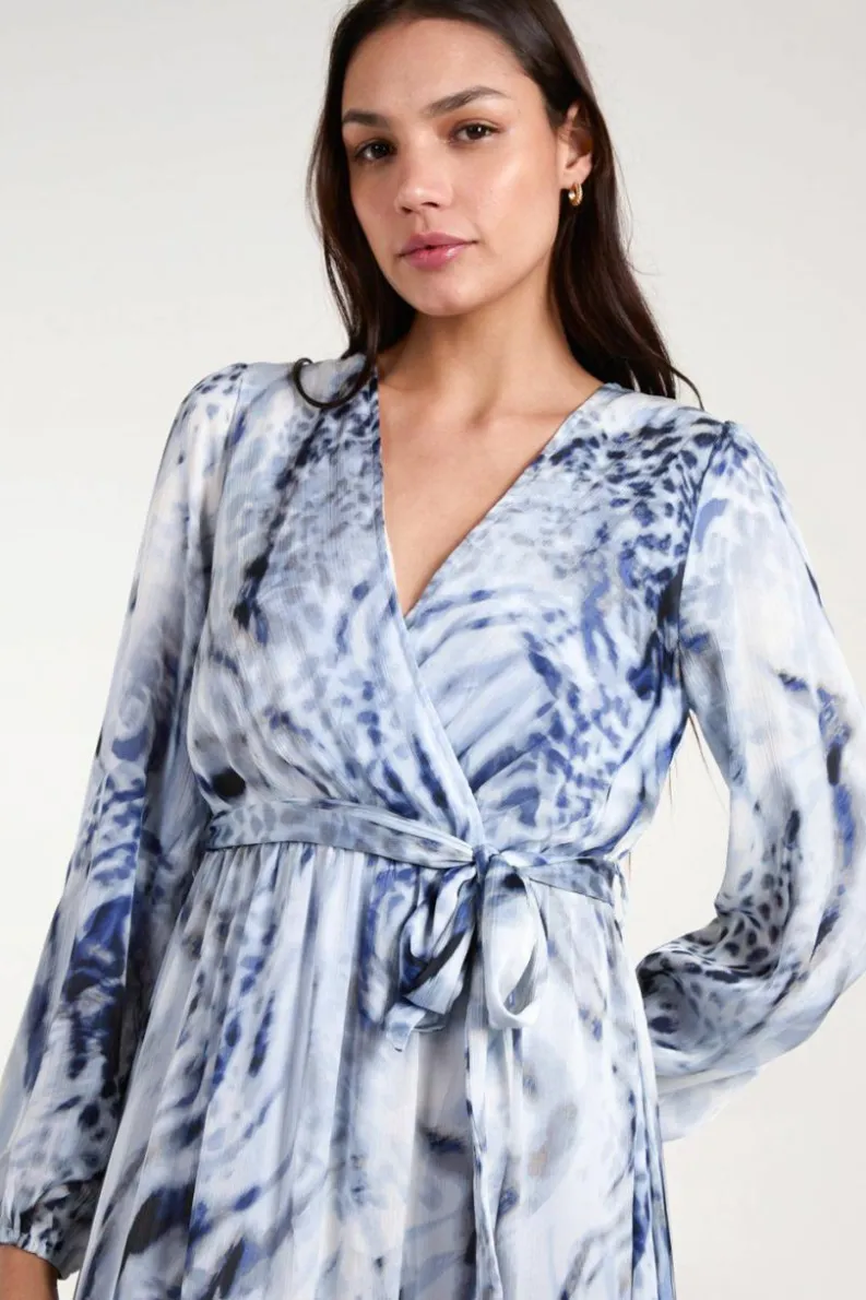 Wrap Dresses|Midi Dresses*Blue Vanilla Long Sleeved Watercolour Wrap Midi Dress Blue