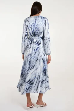 Wrap Dresses|Midi Dresses*Blue Vanilla Long Sleeved Watercolour Wrap Midi Dress Blue