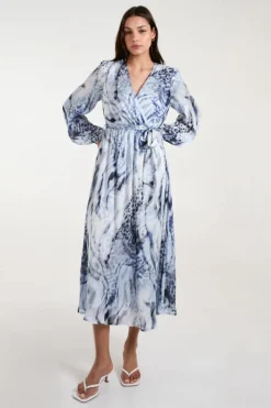 Wrap Dresses|Midi Dresses*Blue Vanilla Long Sleeved Watercolour Wrap Midi Dress Blue