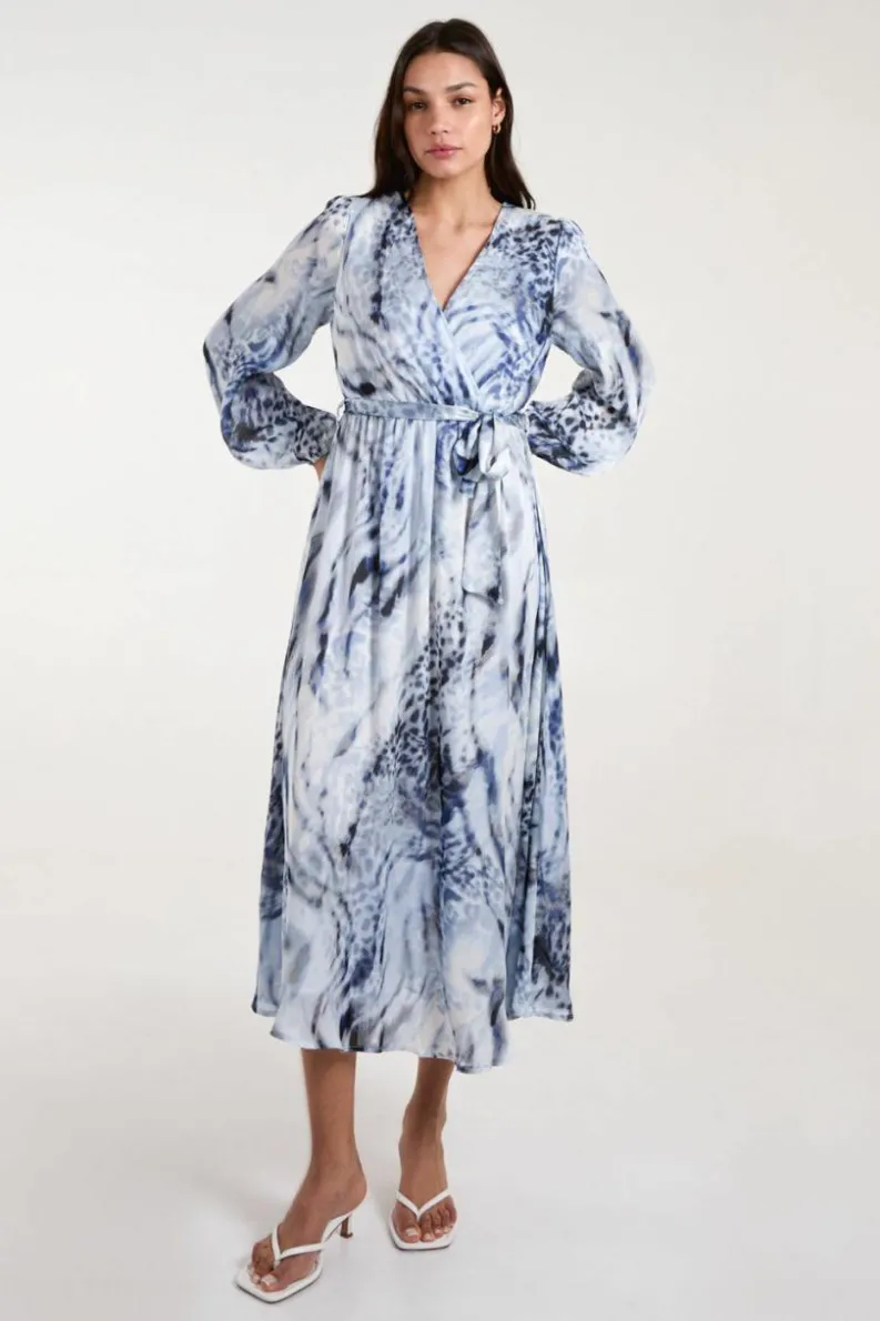 Wrap Dresses|Midi Dresses*Blue Vanilla Long Sleeved Watercolour Wrap Midi Dress Blue