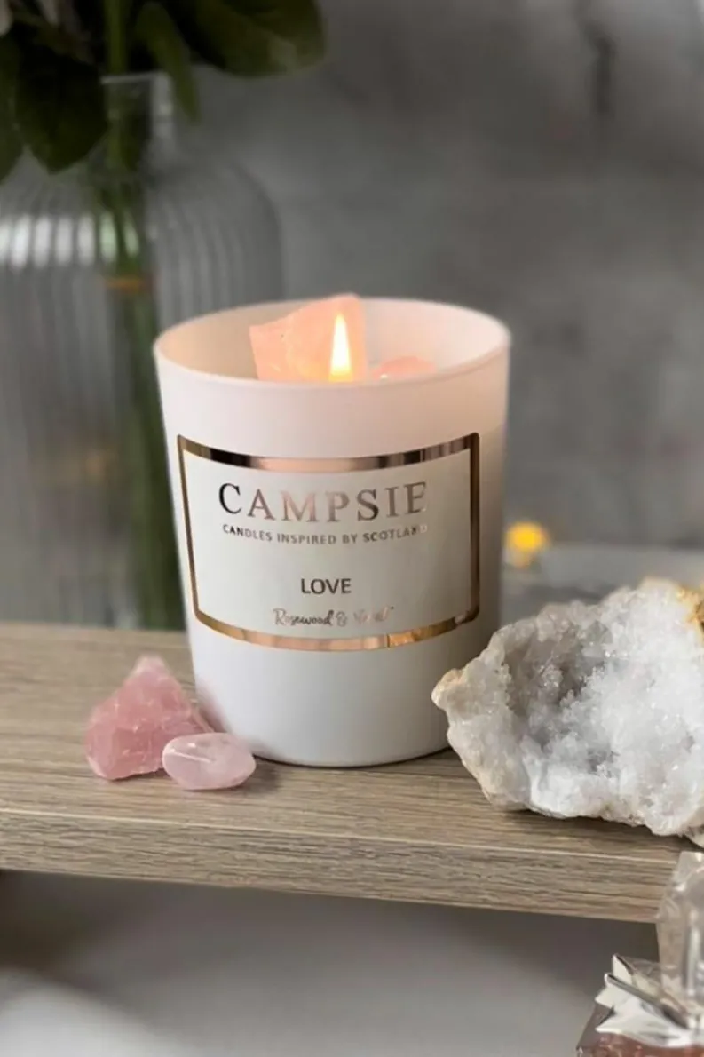 Candles & Diffusers|Candles*CAMPSIE Candles Love - Rose Quartz Crystal Candle - Rosewood & Velvet White