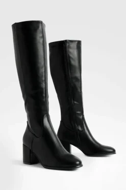 Heels|Over The Knee Boots*boohoo Low Block Basic Pull On Knee High Boots black