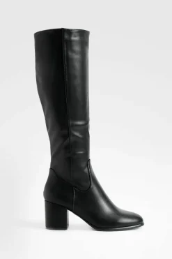 Heels|Over The Knee Boots*boohoo Low Block Basic Pull On Knee High Boots black