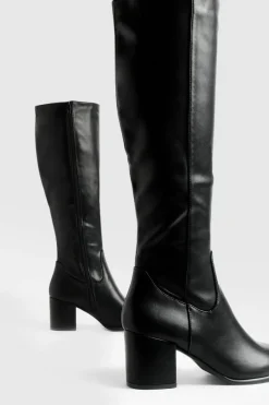 Heels|Over The Knee Boots*boohoo Low Block Basic Pull On Knee High Boots black