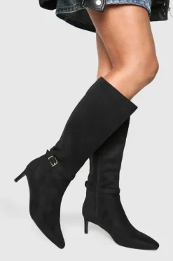 Over The Knee Boots|Knee High Boots*boohoo Low Heel Buckle Detail Pointed Knee High Boots black
