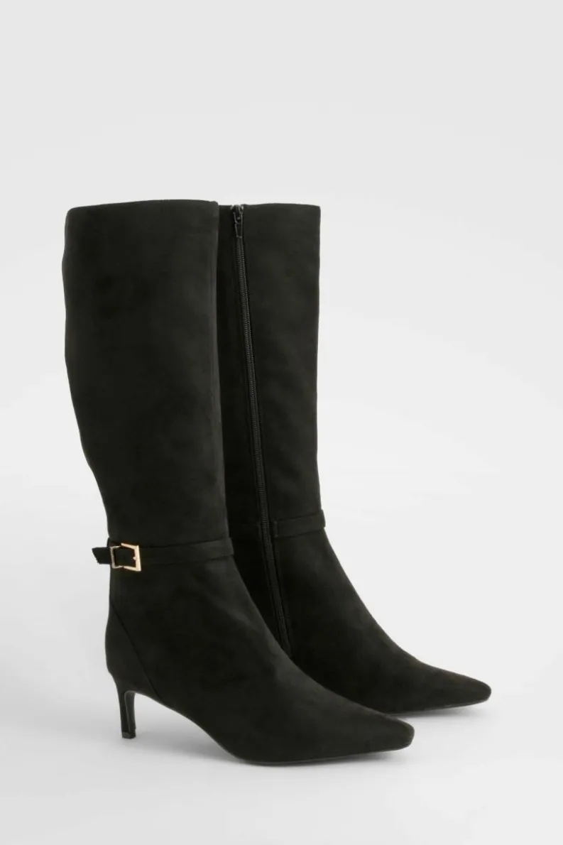 Over The Knee Boots|Knee High Boots*boohoo Low Heel Buckle Detail Pointed Knee High Boots black