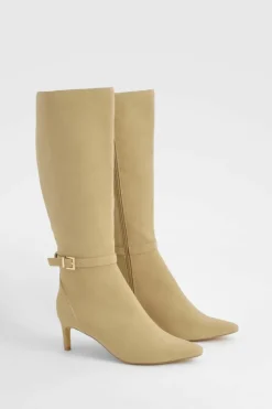 Over The Knee Boots|Knee High Boots*boohoo Low Heel Buckle Detail Pointed Knee High Boots taupe