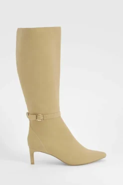 Over The Knee Boots|Knee High Boots*boohoo Low Heel Buckle Detail Pointed Knee High Boots taupe