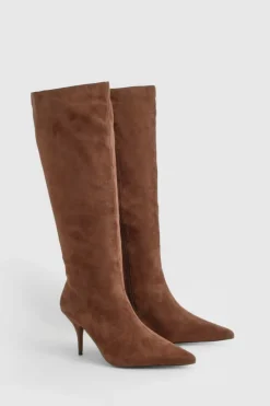 Knee High Boots|Heeled Boots*boohoo Low Heel Pointed Column Faux Suede Boots chocolate