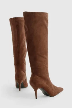 Knee High Boots|Heeled Boots*boohoo Low Heel Pointed Column Faux Suede Boots chocolate