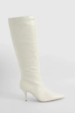 Over The Knee Boots|Knee High Boots*boohoo Low Heel Pointed Croc Knee High Boots cream