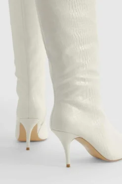 Over The Knee Boots|Knee High Boots*boohoo Low Heel Pointed Croc Knee High Boots cream