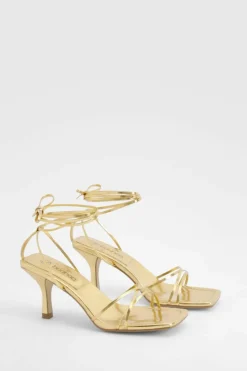 Heels*boohoo Low Skinny Strap Wrap Up Heels gold