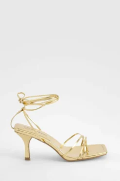Heels*boohoo Low Skinny Strap Wrap Up Heels gold