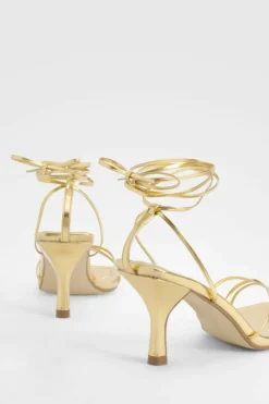 Heels*boohoo Low Skinny Strap Wrap Up Heels gold