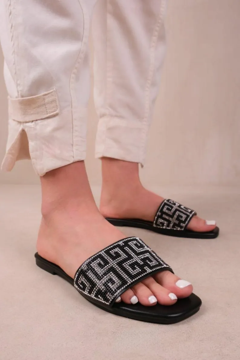 Sandals*Where's That From Lucid' Strap Sandals With Diamante Detail Black