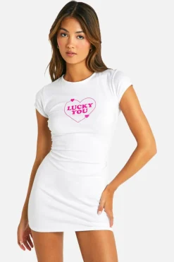 T-Shirt Dresses*boohoo Lucky You Print Bodycon Dress white