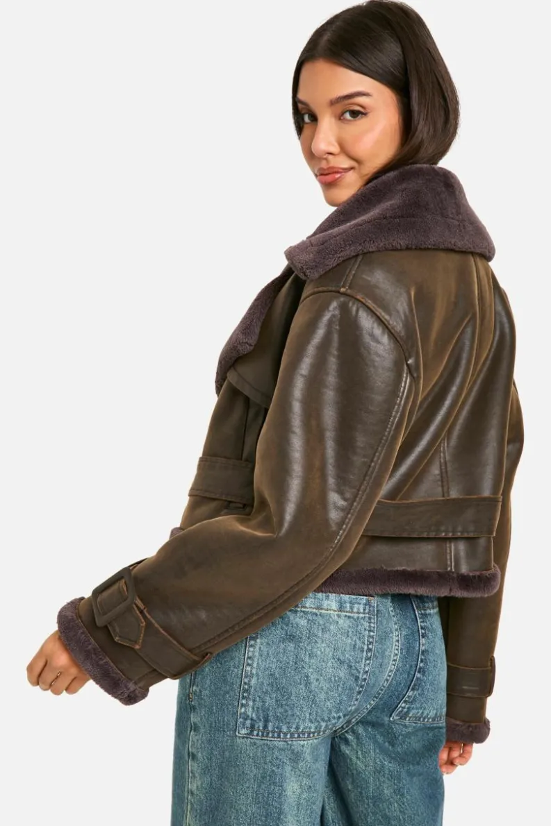 Up To 80% Off Winter Warmers|Aviator Jackets*boohoo Luxe Faux Fur Trim Belted Aviator chocolate