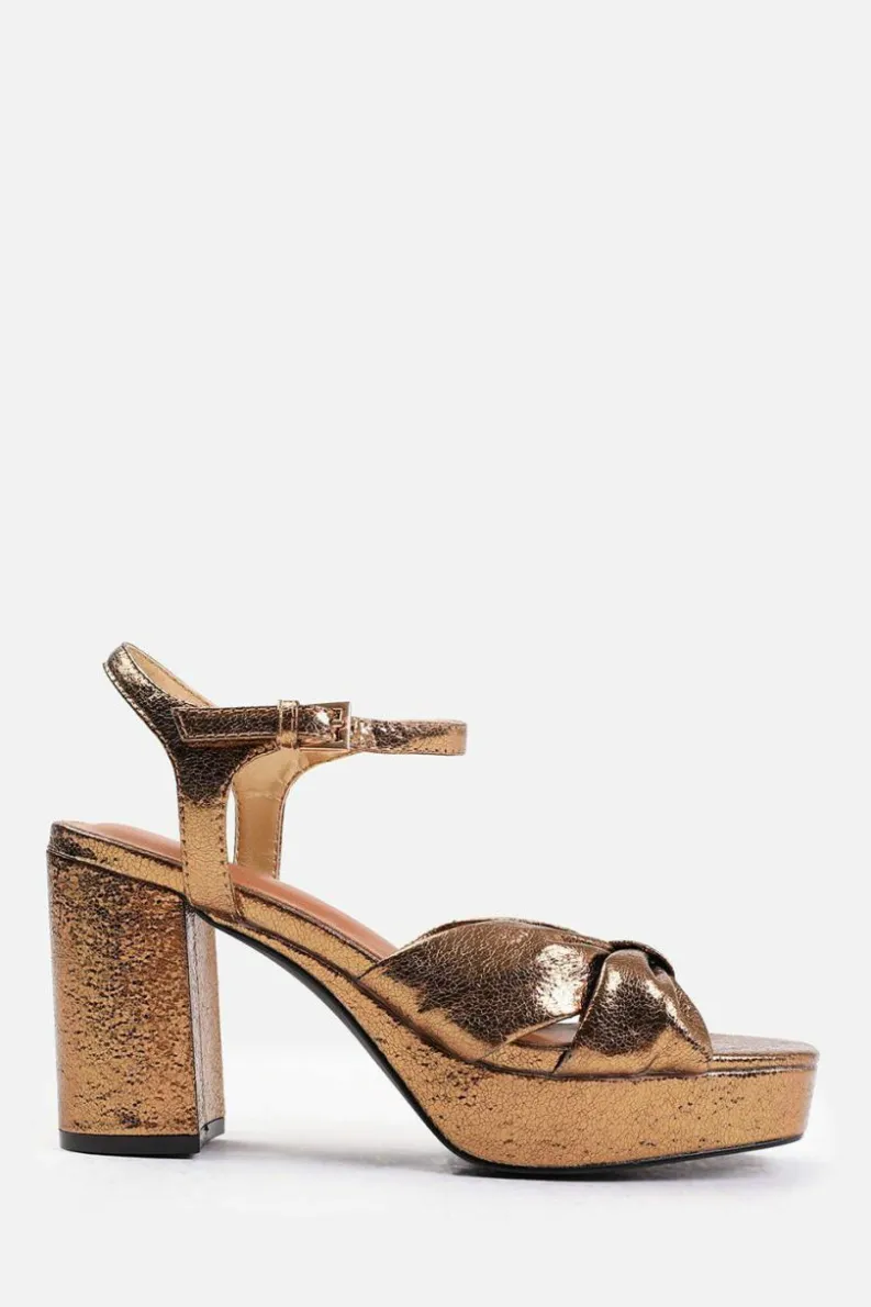 Sandals*Where's That From Madon' Mid Block Heel With Plaftorm And Bow Detailing Gold
