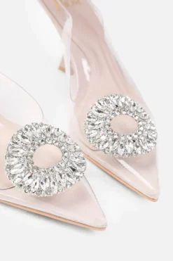 Sandals*Where's That From Malta' Wide Fit Perspex Low Heel Sandals With Embellished Detail Nude