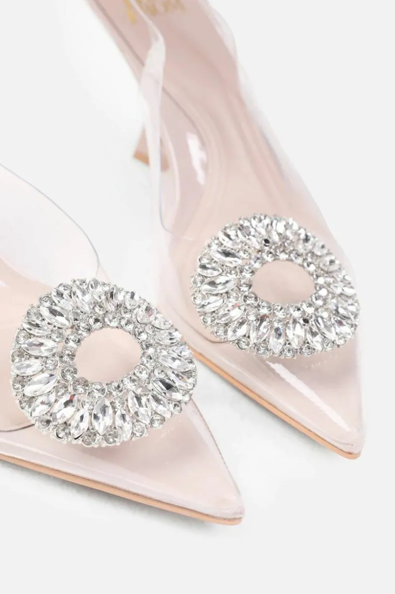 Sandals*Where's That From Malta' Wide Fit Perspex Low Heel Sandals With Embellished Detail Nude