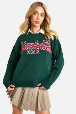 Oversized Jumpers|Jumpers*boohoo Manhattan Oversized Knitted Crew Neck Jumper bottle green