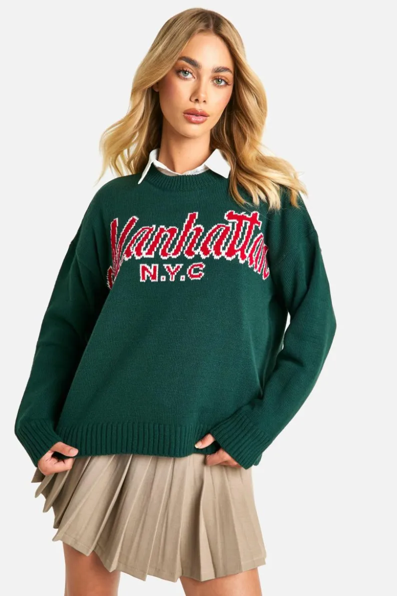 Oversized Jumpers|Jumpers*boohoo Manhattan Oversized Knitted Crew Neck Jumper bottle green