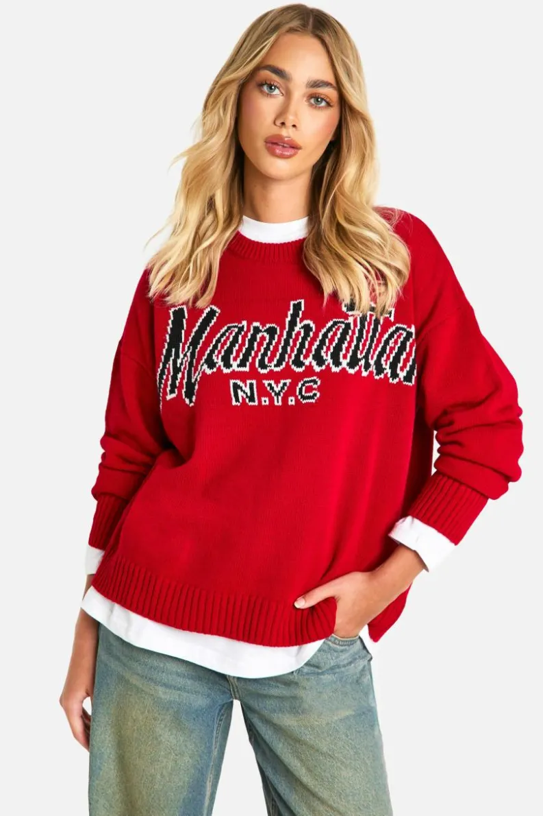 Oversized Jumpers|Jumpers*boohoo Manhattan Oversized Knitted Crew Neck Jumper red