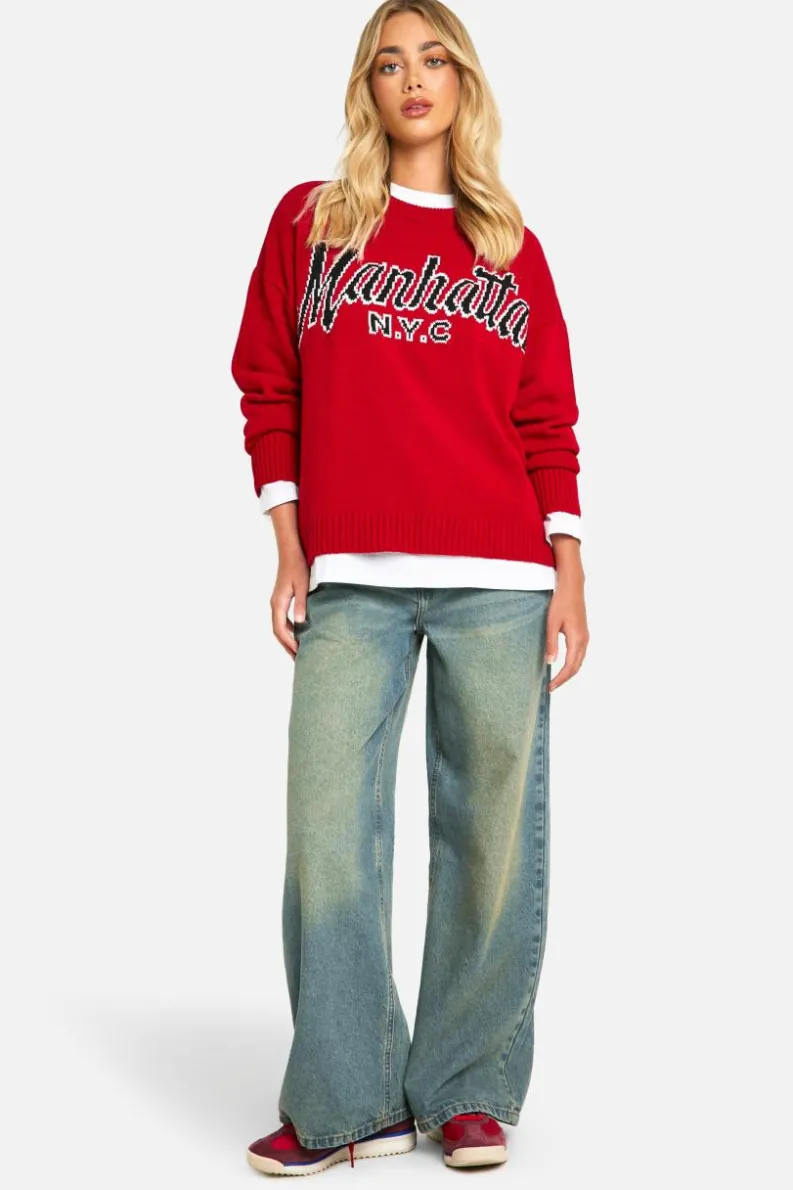 Oversized Jumpers|Jumpers*boohoo Manhattan Oversized Knitted Crew Neck Jumper red